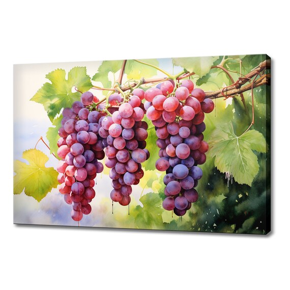 Red Grapes Fruits Tree Branch Watercolour Print Colourful Kitchen Wall Art Fruit Print Modern Kitchen Restaurant Wall Decor