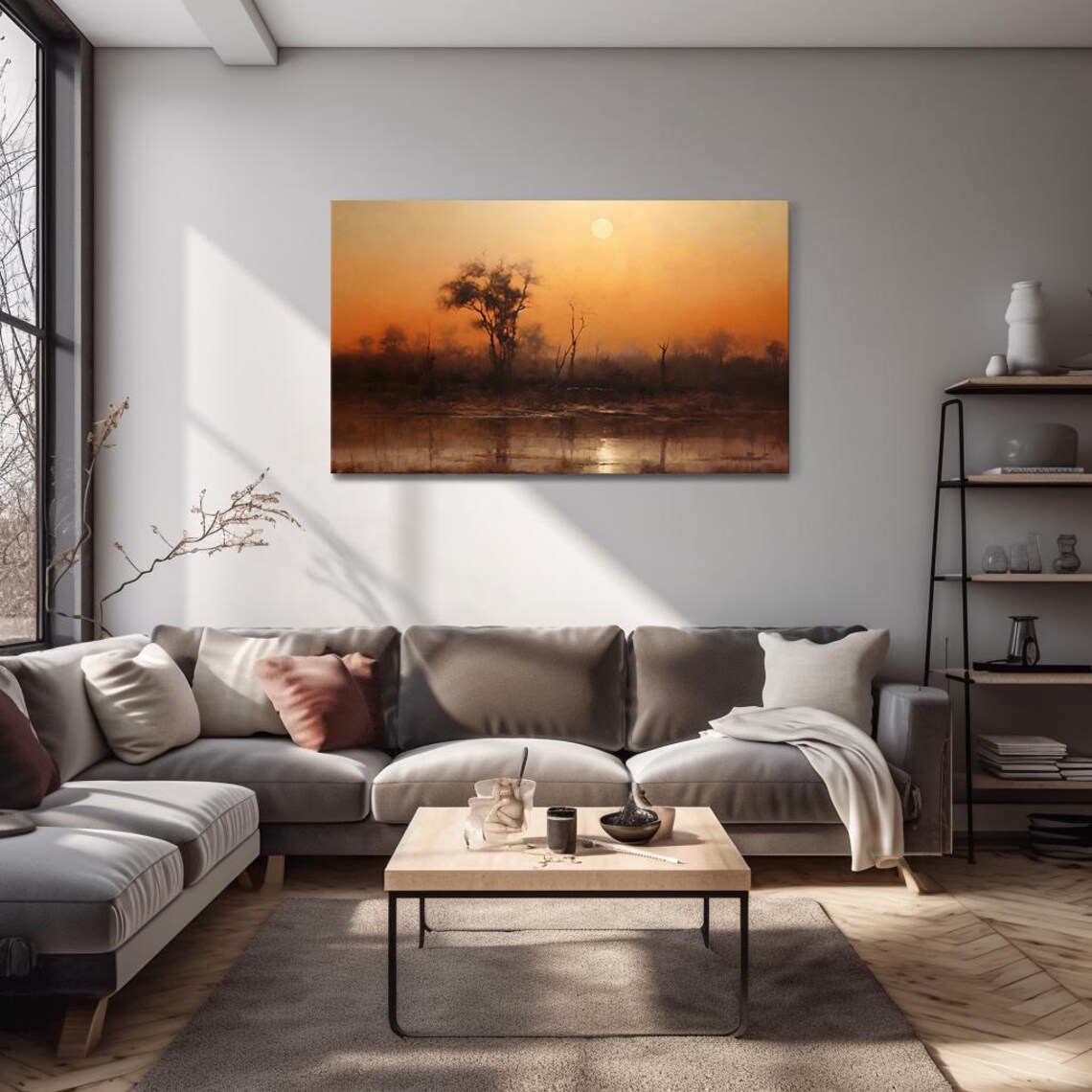Sunset Over Wetland Silhouette Trees Golden Haze Vintage Poster - Image 4