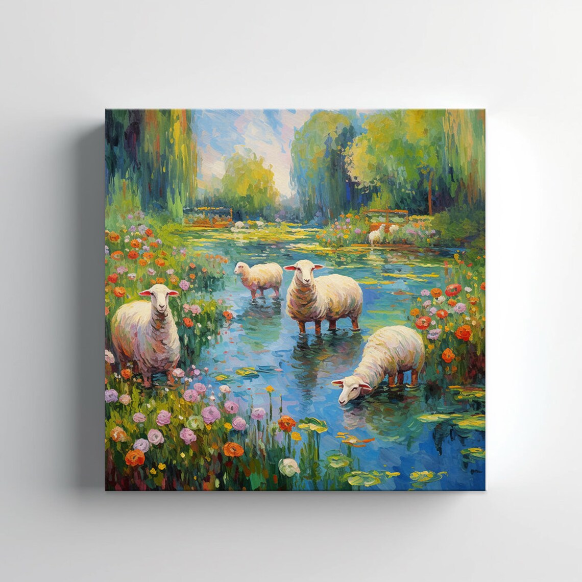 Sheep Wading In Flower Pond Impressionist Farm Animal Art Poster - Image 3