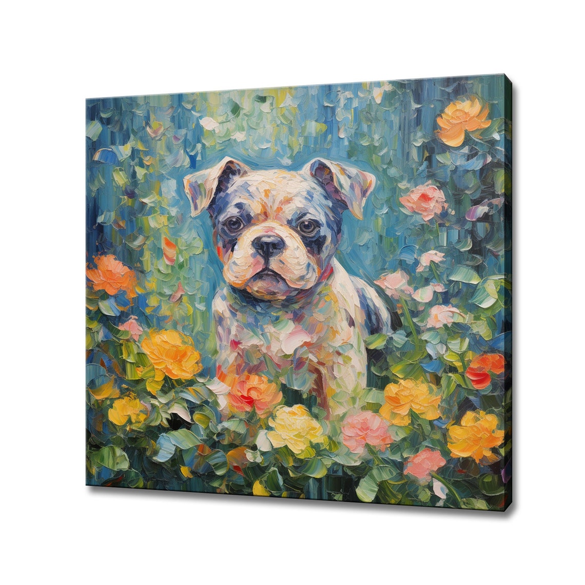 Cute Bulldog Puppy In Colourful Flowers Print Gift For Bulldog Dog Lover Colourful Dog Portrait Painting Print Dog Pet Wall Art
