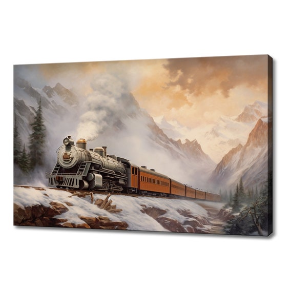 Train In Snowy Mountains Vintage Painting Style Print Farmhouse Decor Art Neutral Nature Picture Wall Hanging Fine Art Print