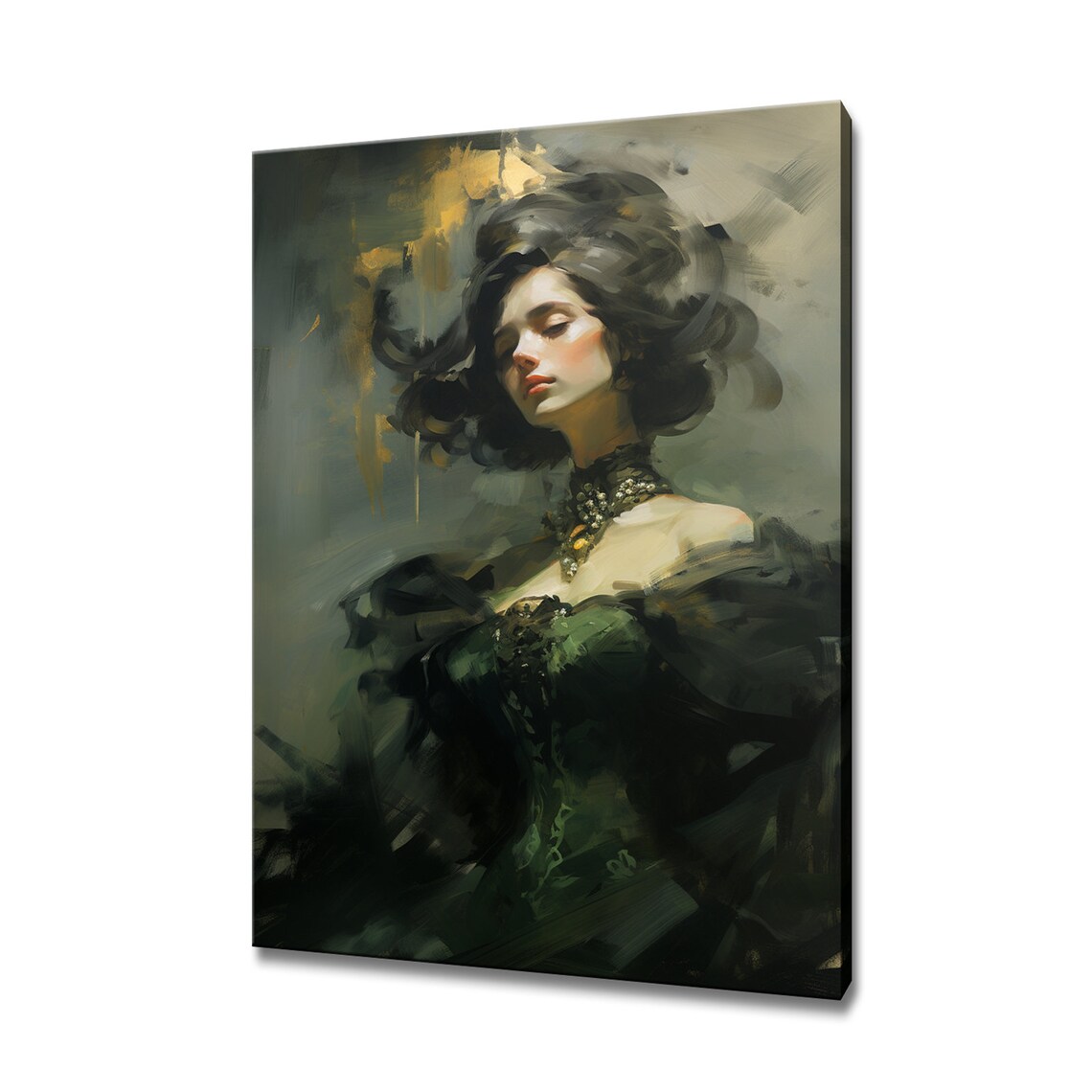 Elegant Lady in Emerald Gold Victorian Gown Vintage Beauty Art Poster