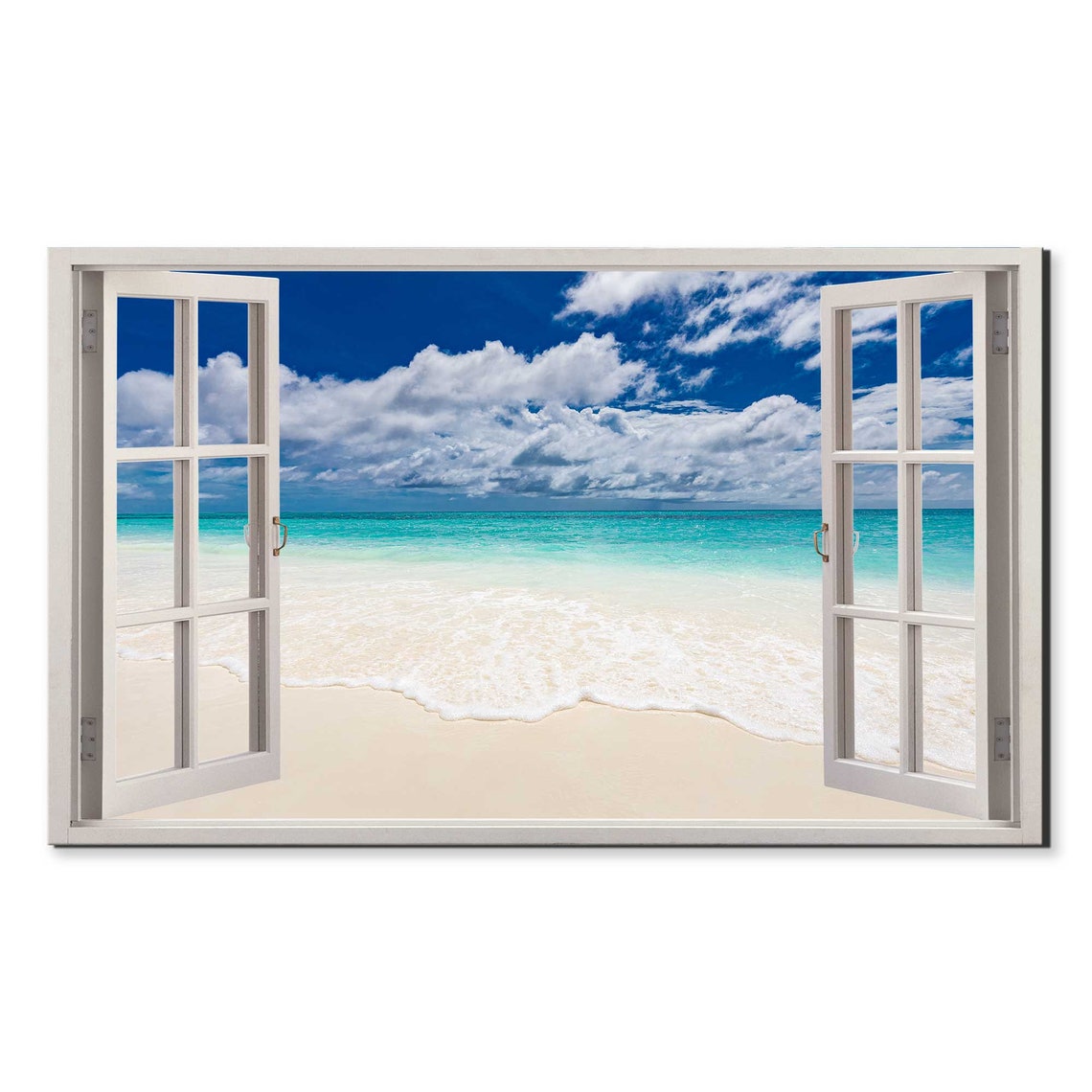 White Sandy Beach Turquoise Sea Under Blue Sky Window View Poster