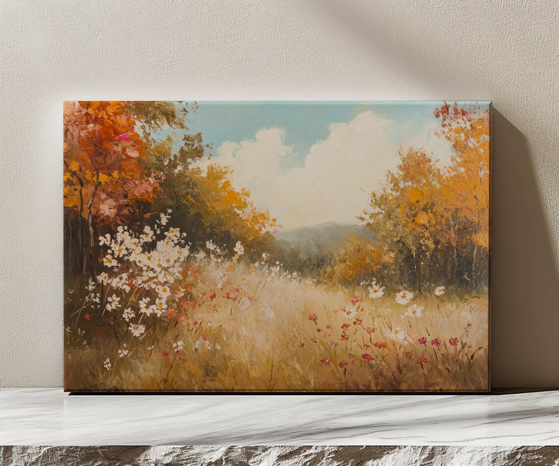 Autumn Meadow Wildflowers Vintage Painting Golden Hillside Poster - Image 3