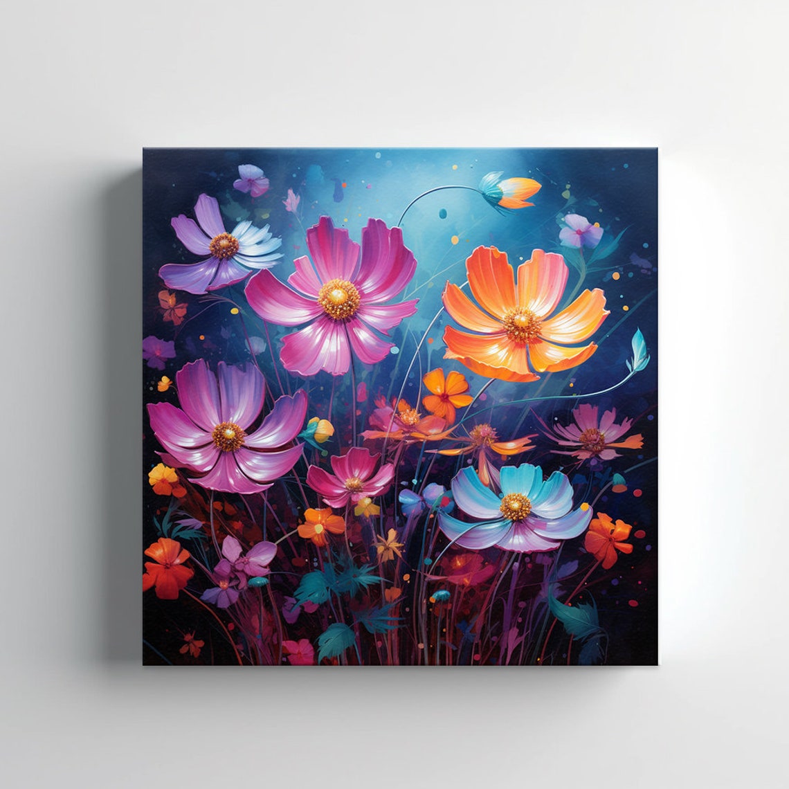 Cosmos Flower Meadow Pink Orange Blue Blooms Golden Centre Art Poster - Image 2