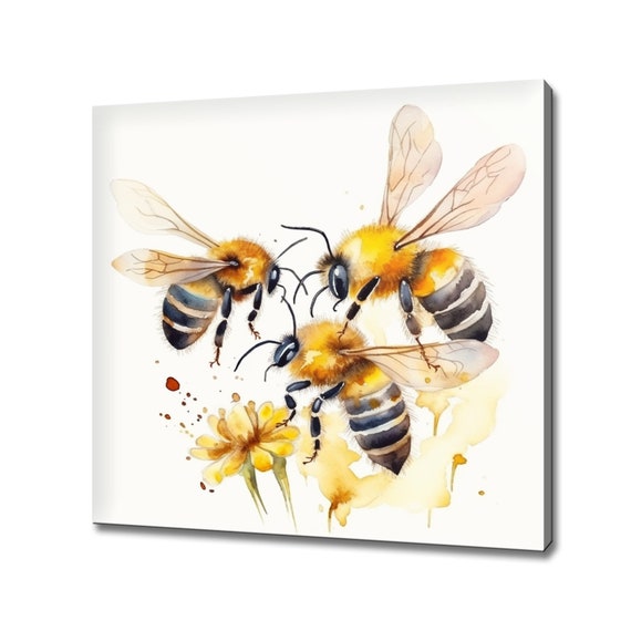 Honey Bees Flower Modern Design Home Decor Watercolour Painting Style Yellow Print Wall Art Kids Nursery Room Wall Decor Print