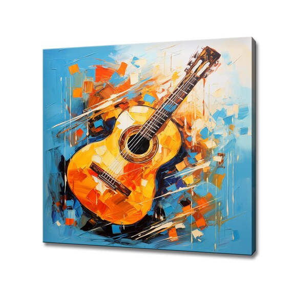 Yellow Acoustic Guitar Abstract Painting Blue Background Music Wall Poster