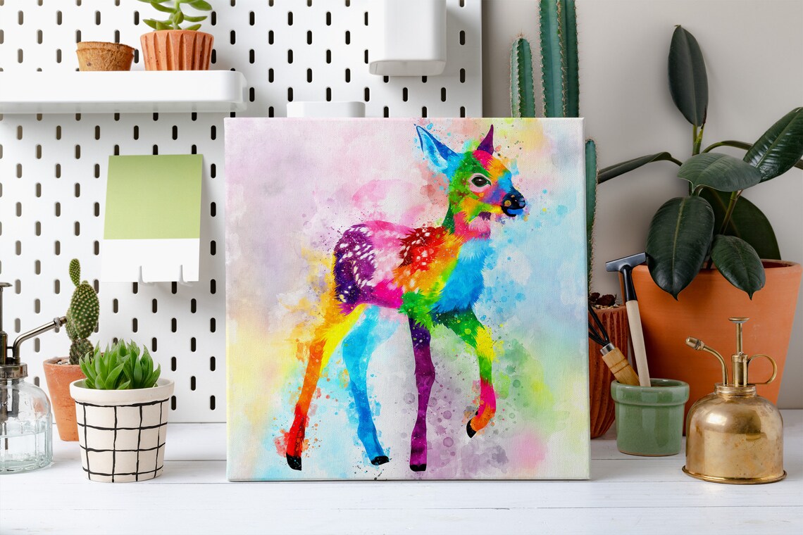 Baby Deer Fawn in Rainbow Watercolour Abstract Animal Poster - Image 2