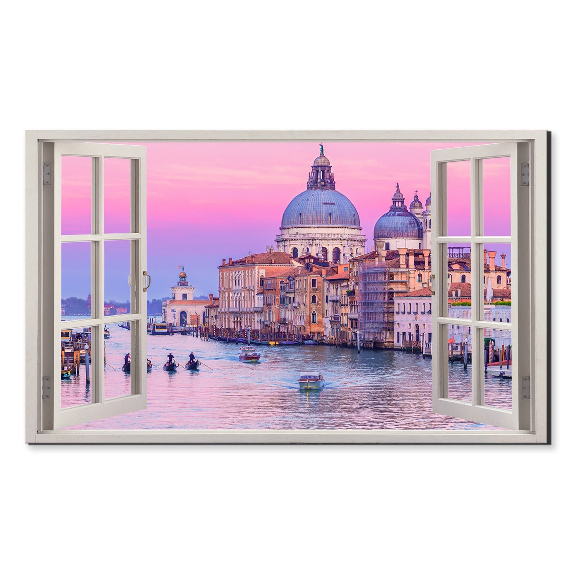 Venice Grand Canal Pink Sunset Gondolas Open Window View Travel Poster