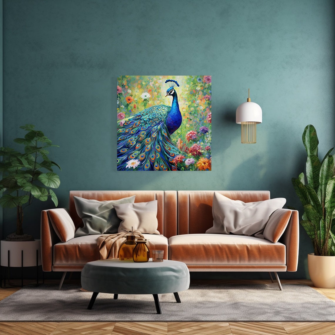 Peacock With Cobalt Blue Neck Eye Spotted Tail Flower Art Poster - Image 3