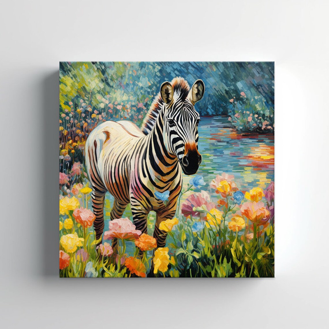 Zebra In Colorful Flower Meadow By Pond Whimsical Painting Wall Art - Image 4
