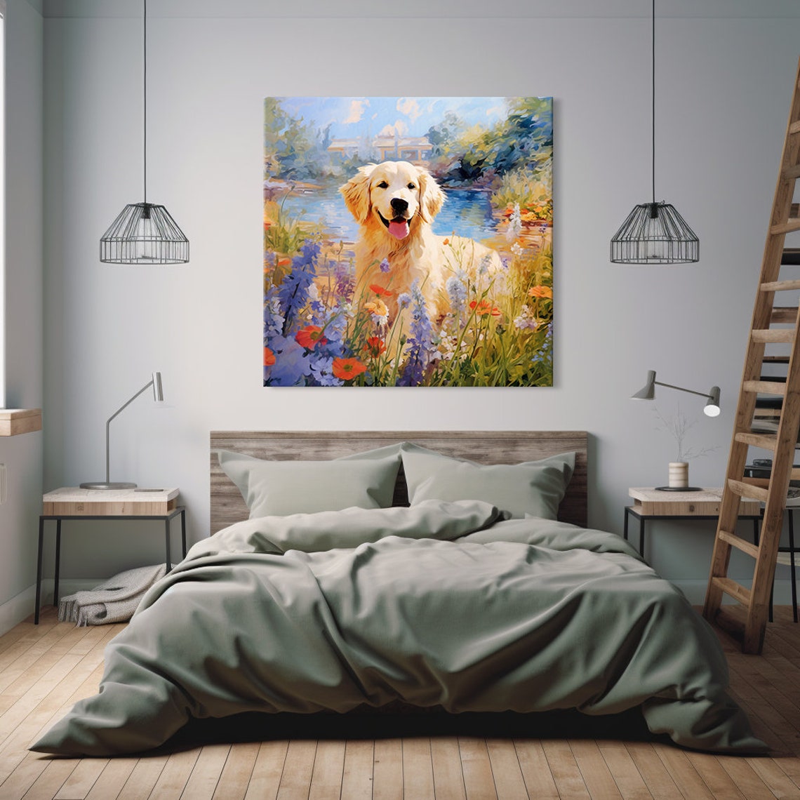 Cute Golden Retriever Dog Print Gift For Golden Retriever Dog Lover Colourful Dog Portrait Painting Print Dog Pet Wall Art - Image 2
