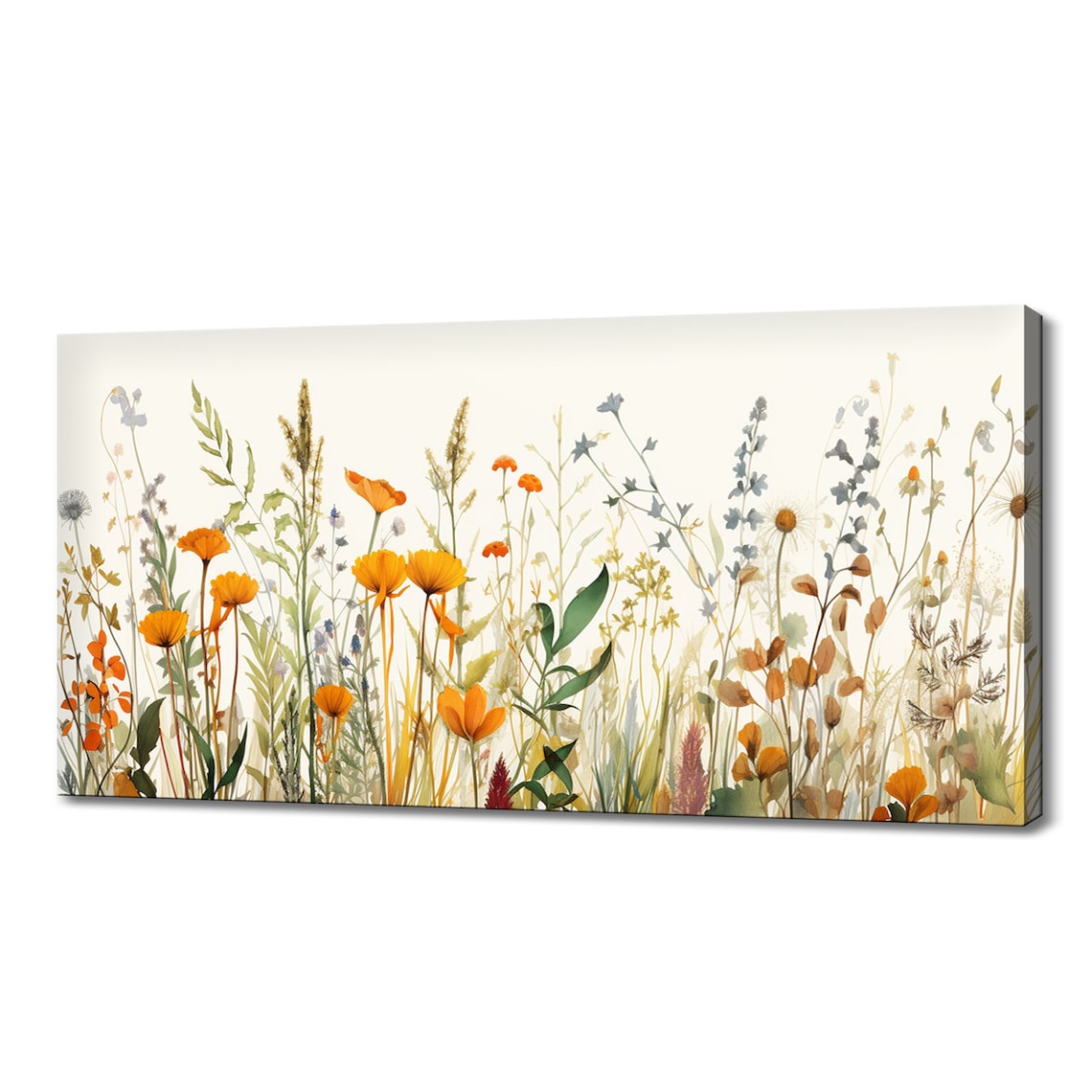 Orange Spring Wildflowers Meadow, Watercolor Art Print