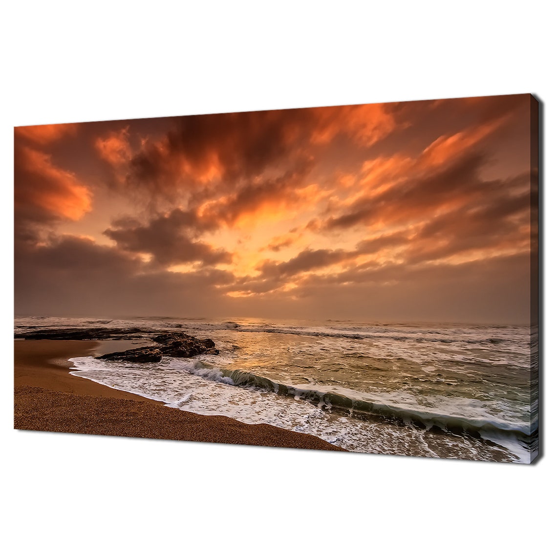 Dramatic Orange Sunset Over Rocky Beach Ocean Waves Photo Poster