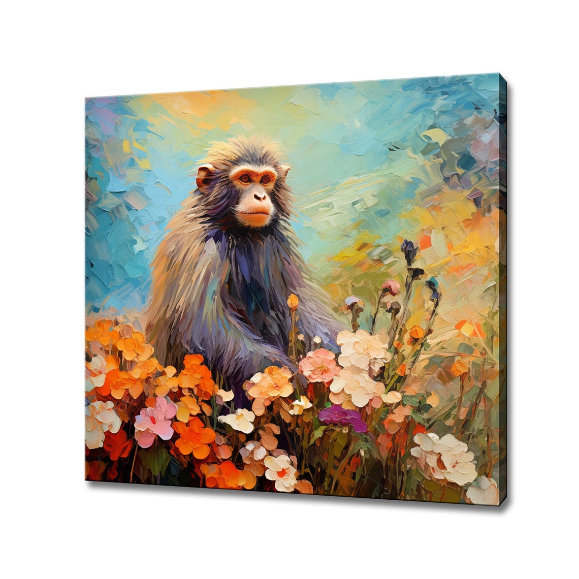 Shaggy Monkey Among Orange Blossoms Bright Turquoise Sky Poster