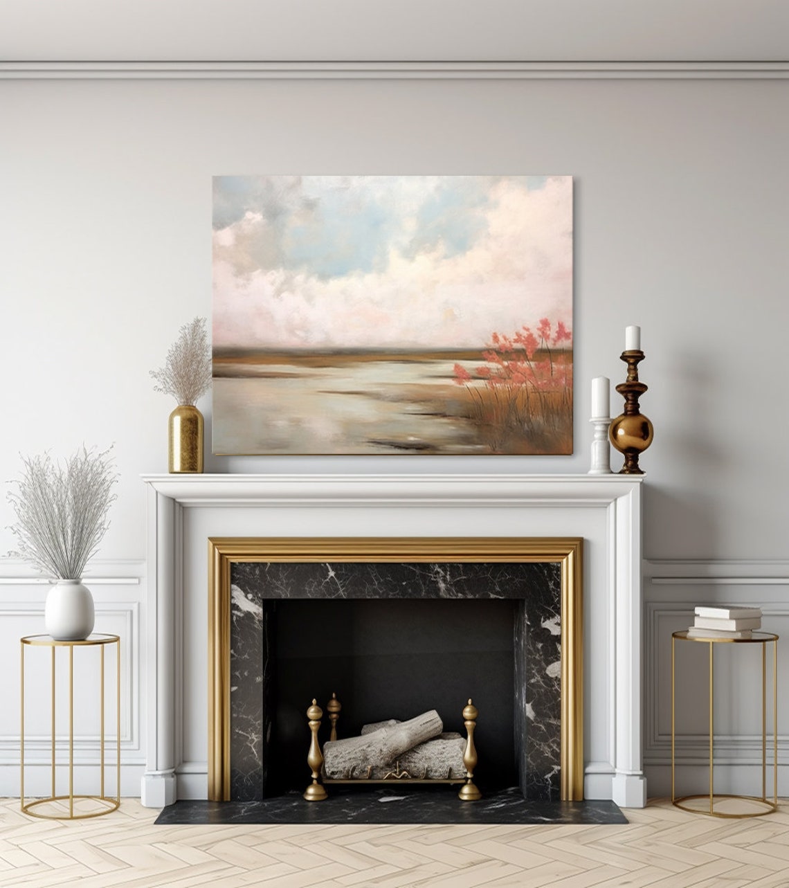 Vintage Country Lake Flowers Landscape Pastel Moody Painting Style Print Farmhouse Decor Art Neutral Nature Picture Wall Hanging - Image 3
