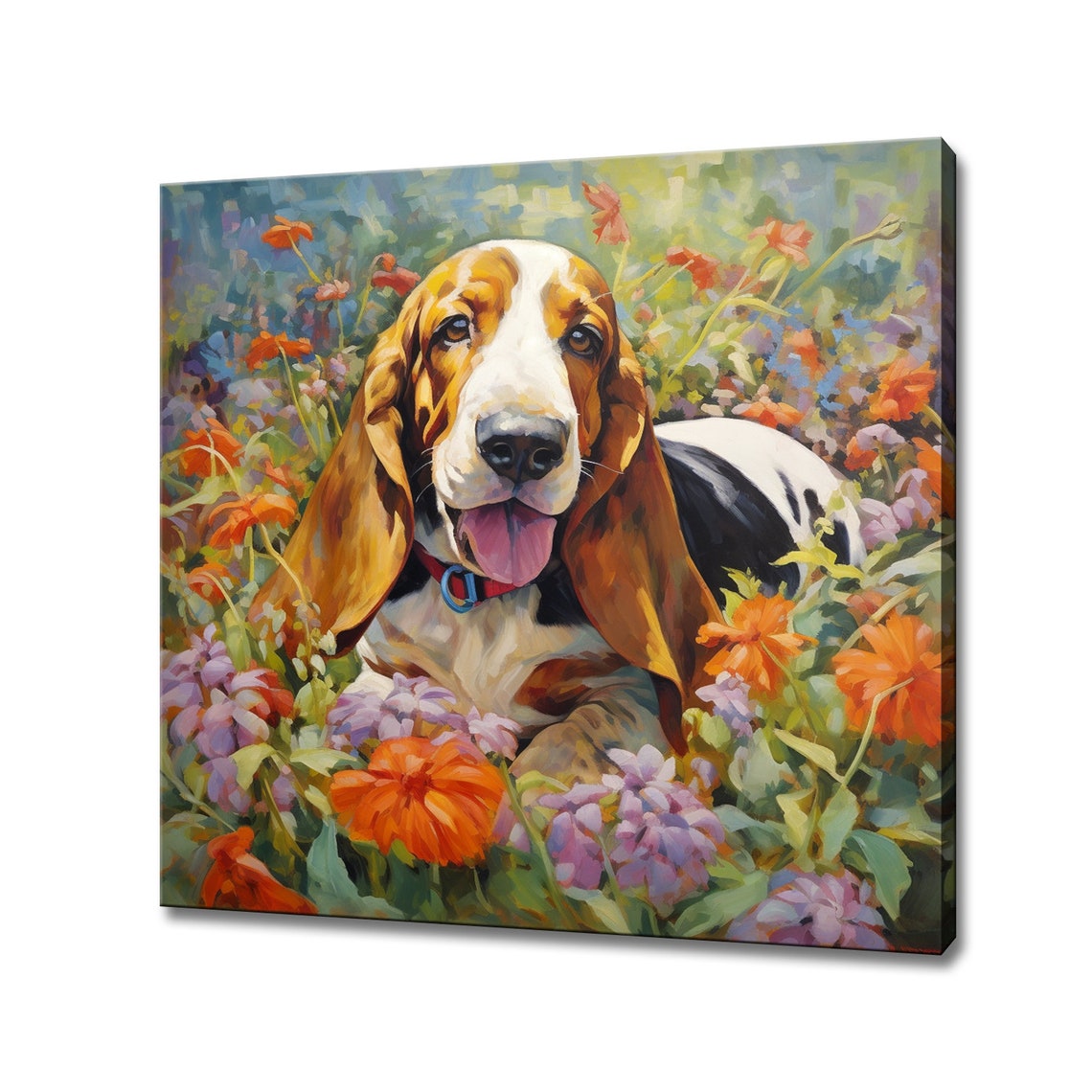 Basset Hound Dog In Flowers Field Animal Print Gift For Basset Hound Dog Lover Colourful Dog Portrait Painting Print Dog Wall Art