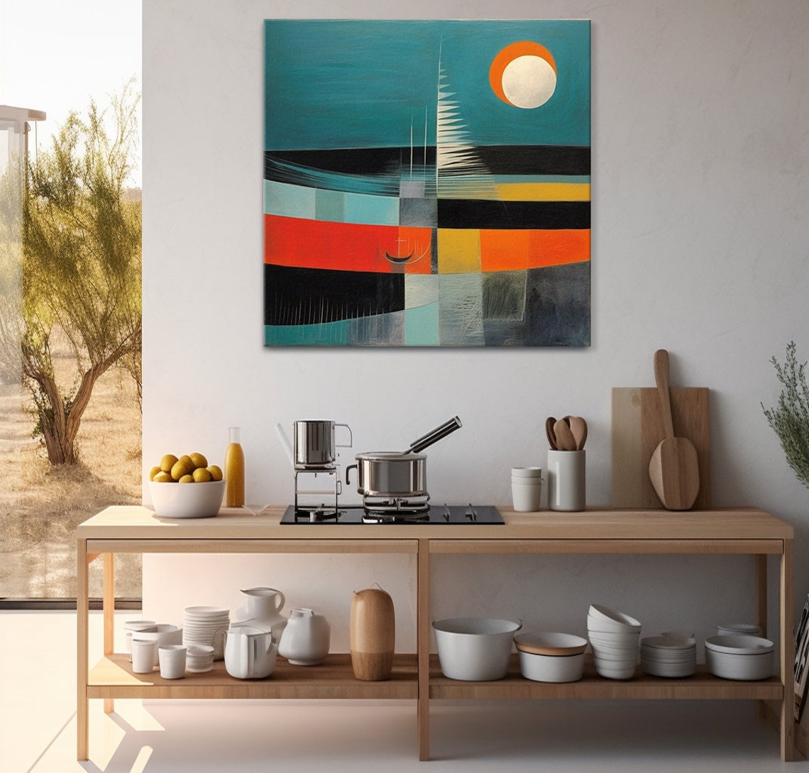 Abstract Sailboat Moon Seascape Teal Orange Geometric Modern Wall Art - Image 3