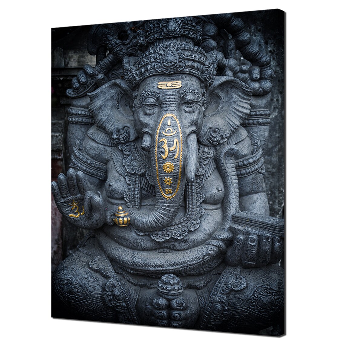 Carved Stone Ganesha Statue With Gold Details Bali Temple Wall Art