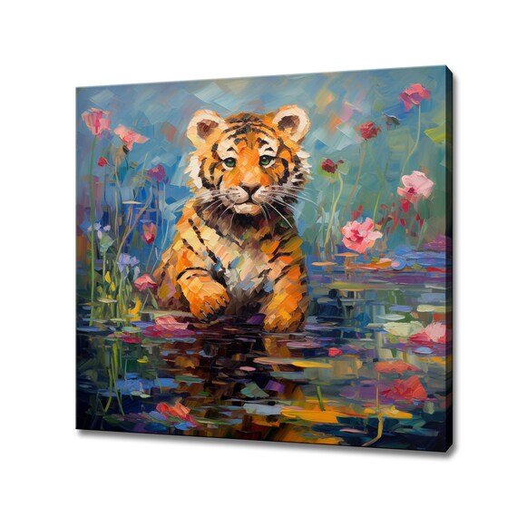Tiger Cub Wading In Lily Pond Pink Blossoms Colorful Painting Poster