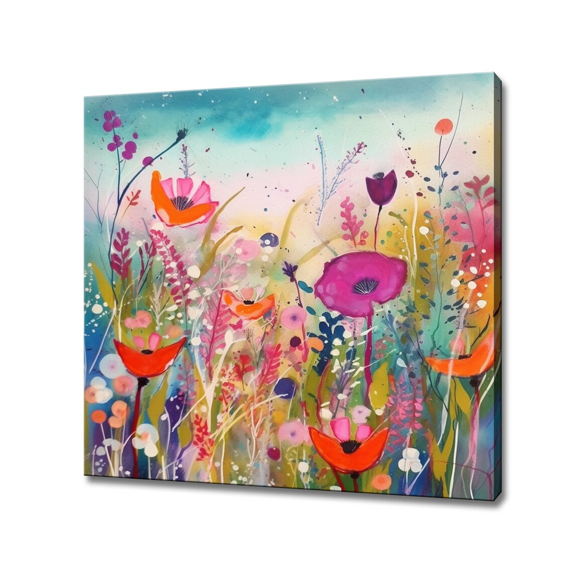 Orange Red Poppies Pink Cosmos Whimsical Watercolor Meadow Poster