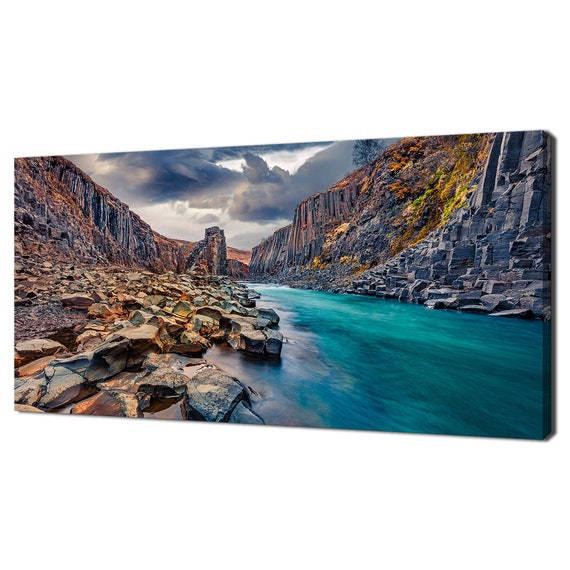 Morning Over Basalt Cliffs Deep Canyon Of Mountain River Modern Print Wall Art Picture