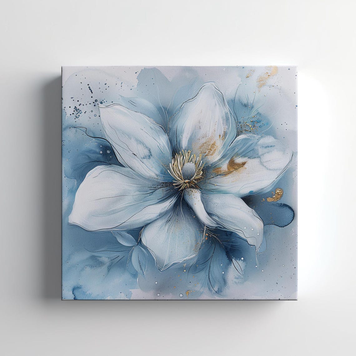 White Blue Gold Watercolor Flower Abstract Botanical Modern Art Print