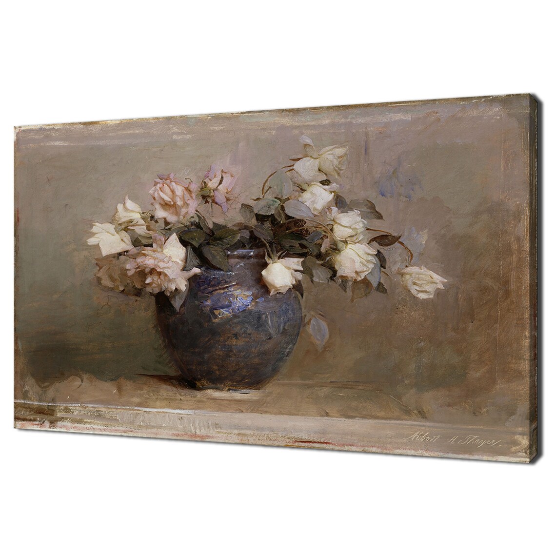 Still Life With White And Pink Roses In Dark Vase Vintage Poster