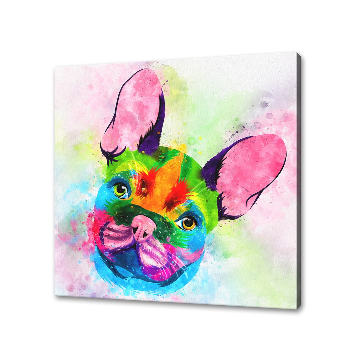French Bulldog Rainbow Watercolor Playful Head Tilt Splash Poster