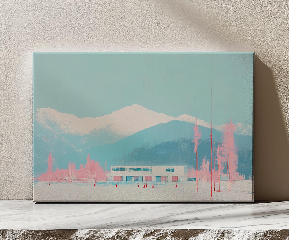 Pastel Snowy Mountains Blue Pink Minimalist Winter Landscape Art Print - Image 3