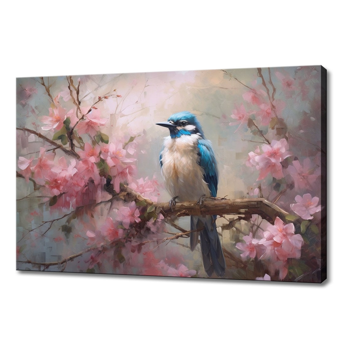 Blue White Jay Bird Cherry Blossom Branch Front View Art Poster