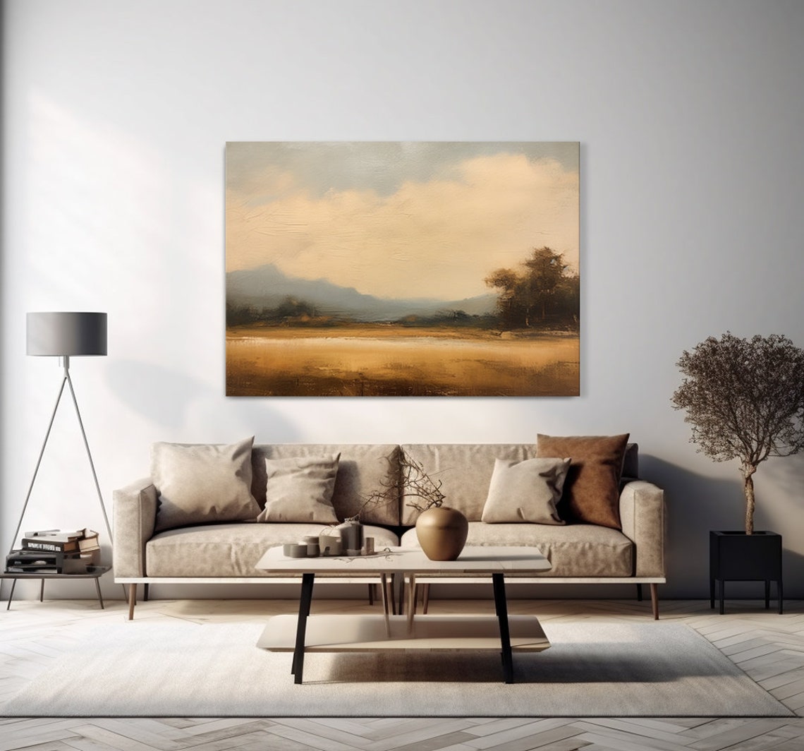 Warm Hazy Golden Fields Distant Hills Misty Autumn Landscape Art Print - Image 4