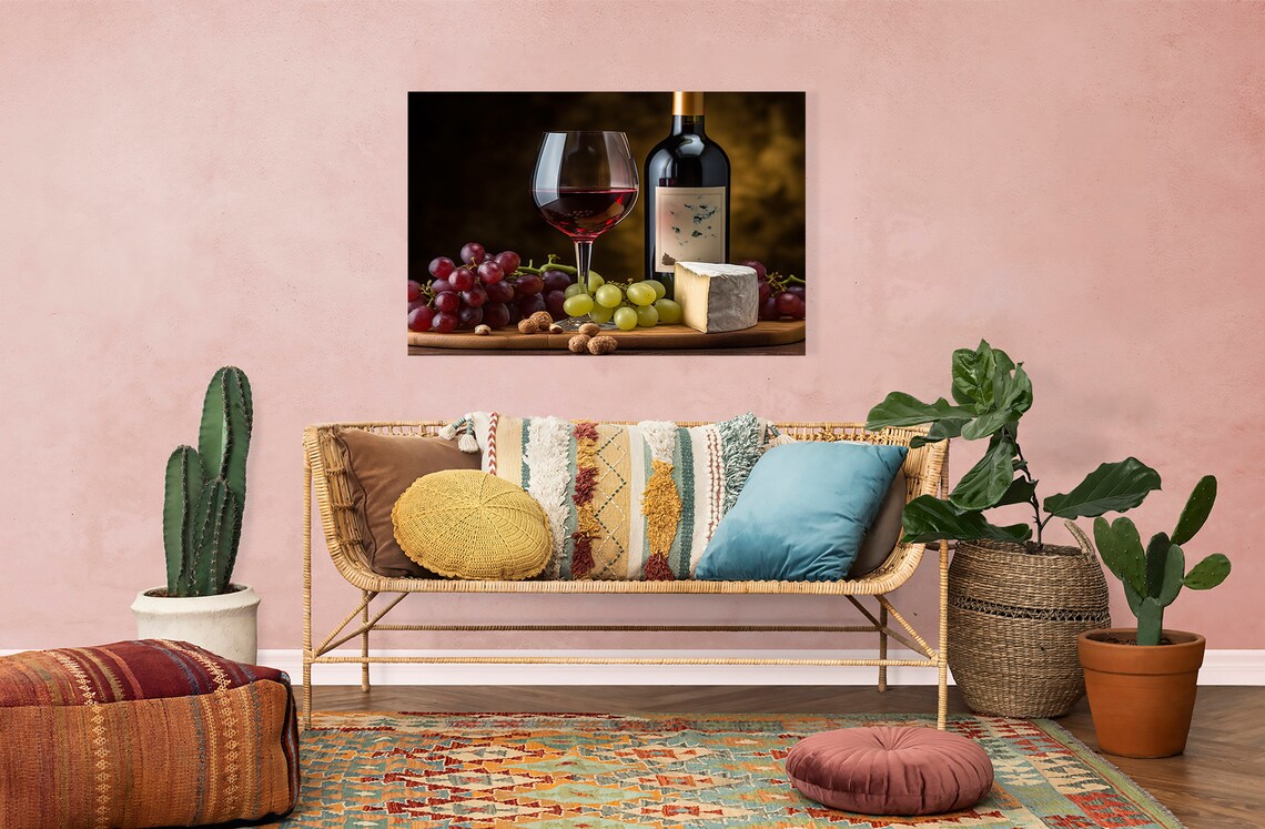 Red Wine Bottle Glass Grapes Cheese Vintage Still Life Kitchen Wall Poster - Image 4