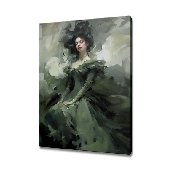 Elegant Lady In Green Victorian Baroque Puffy Dress Painting Style Print Modern Design Home Decor Fashion Wall Art Gift For Her