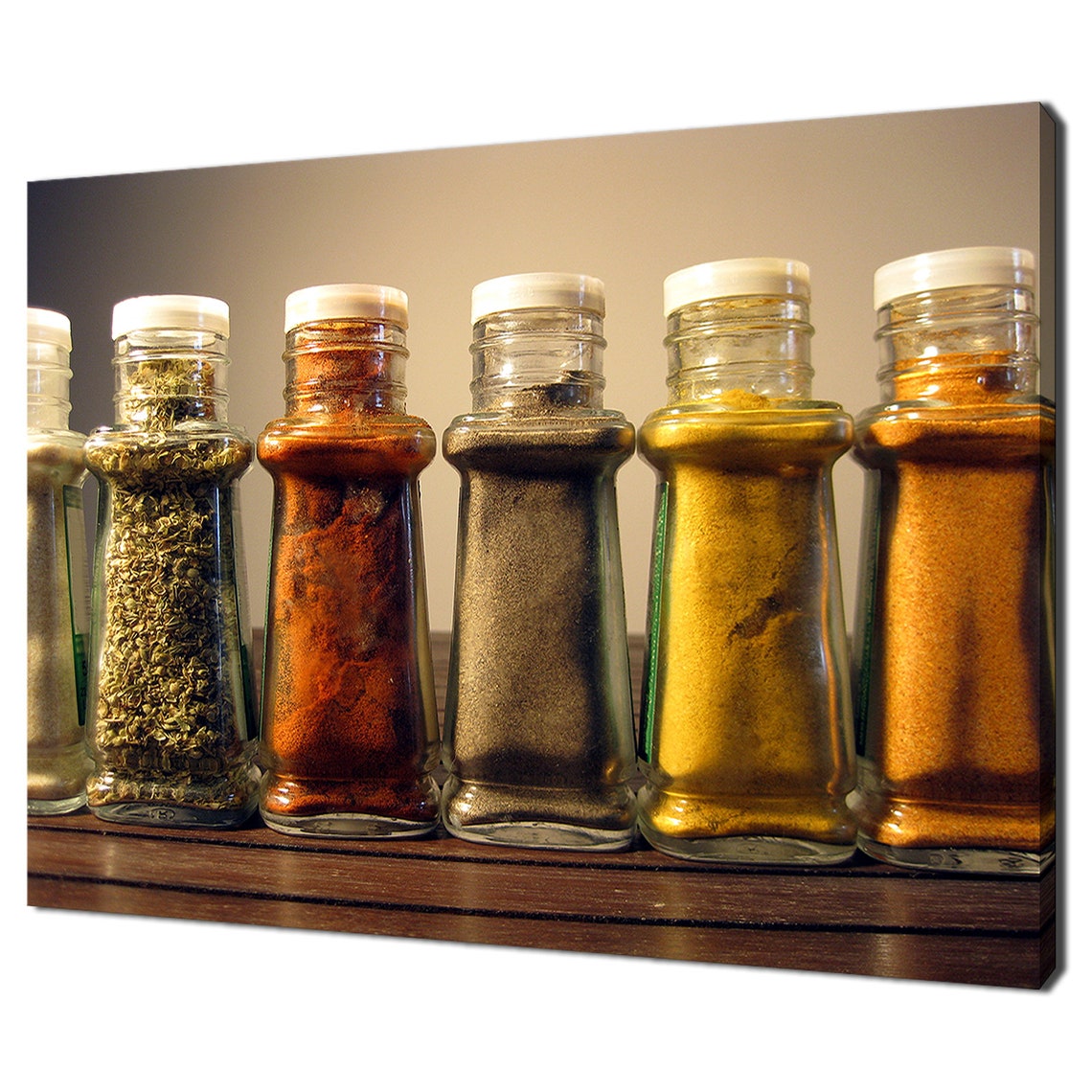 Glass Spice Jars Row Colorful Herbs Rustic Kitchen Still Life Poster