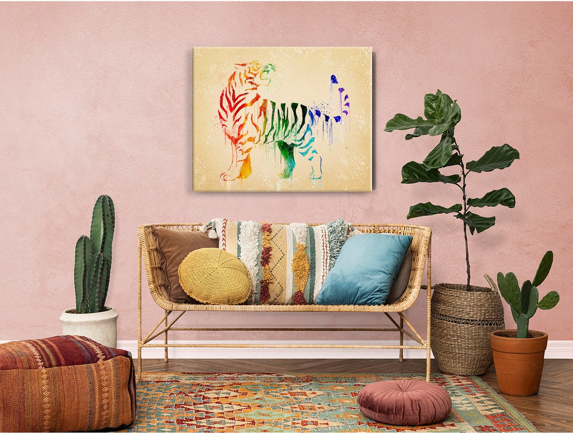 Rainbow Watercolor Tiger Walking Silhouette Wild Cat Art Wall Poster - Image 2