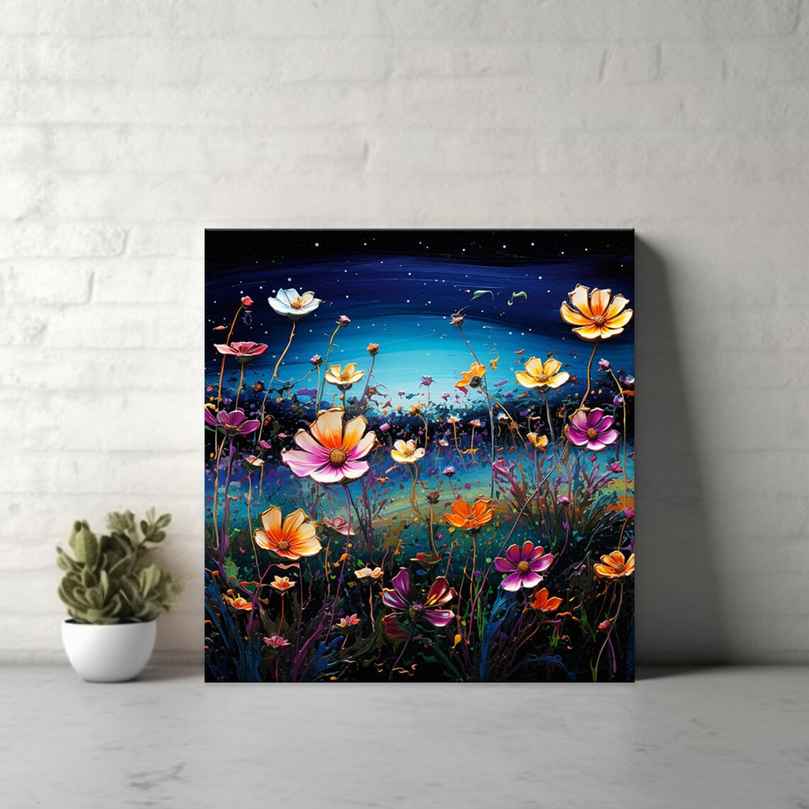 Cosmos Flower Field Starry Night Sky Oil Painting Floral Art Poster - Image 4