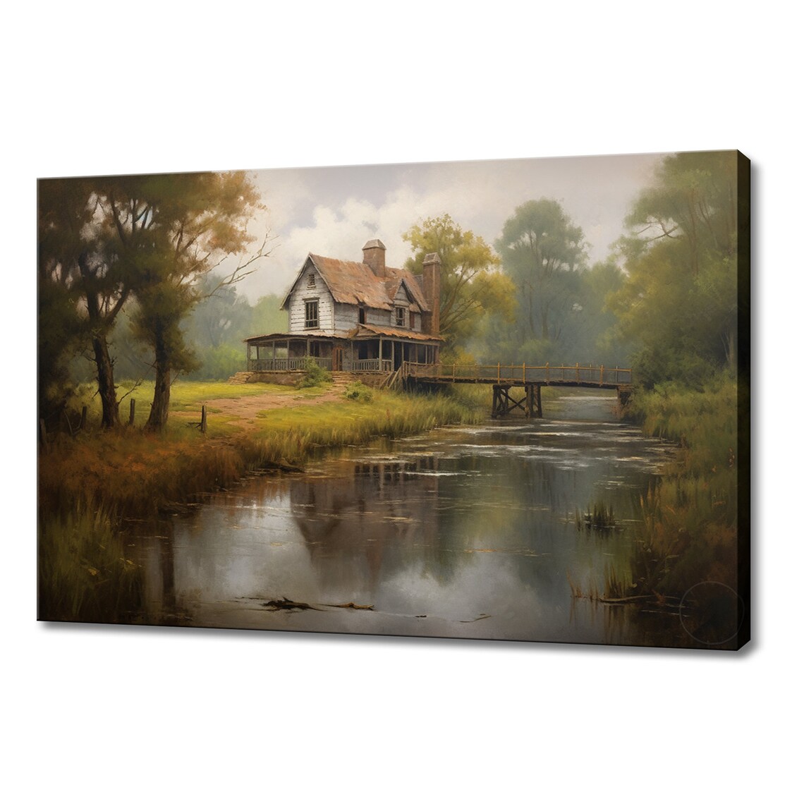 Riverside Country House Bridge Misty River Landscape Painting Poster
