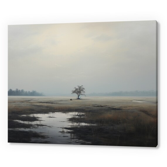 Vintage Country Landscape Lonely Tree Muted Moody Painting Style Print Farmhouse Decor Art Neutral Nature Picture Wall Hanging