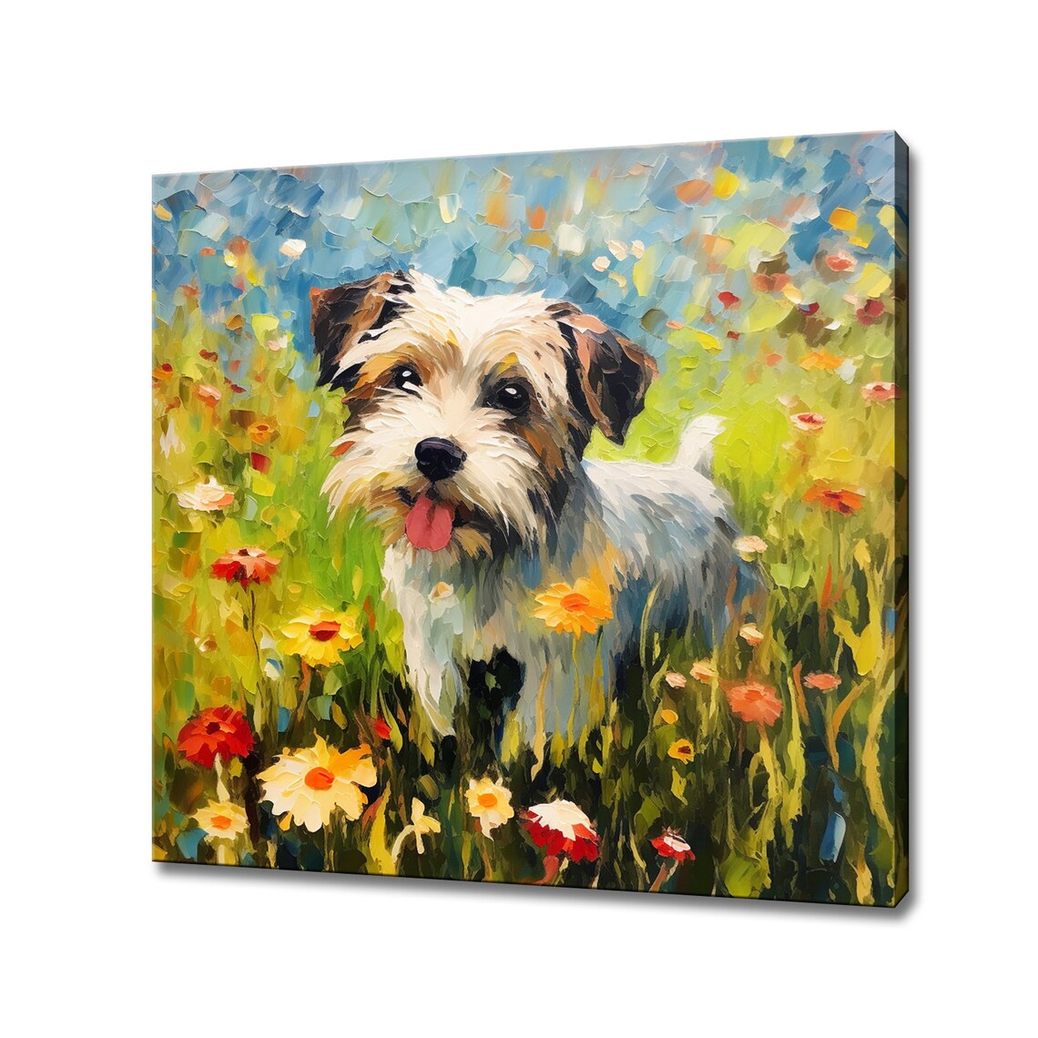 Cheeky Scruffy Terrier Puppy With Tongue Out in Daisy Field Poster