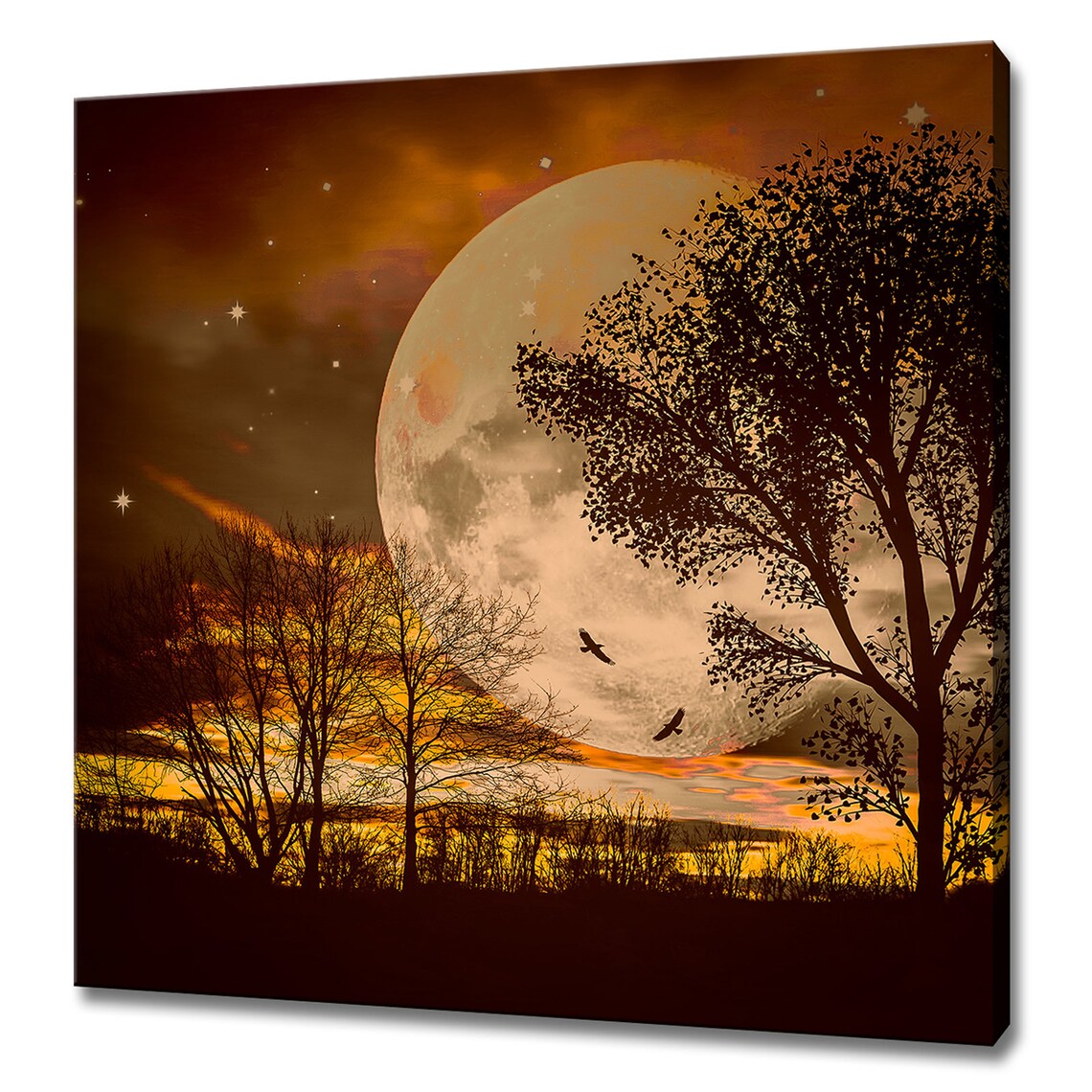 Full Moon Behind Trees and Birds, Modern Art Print