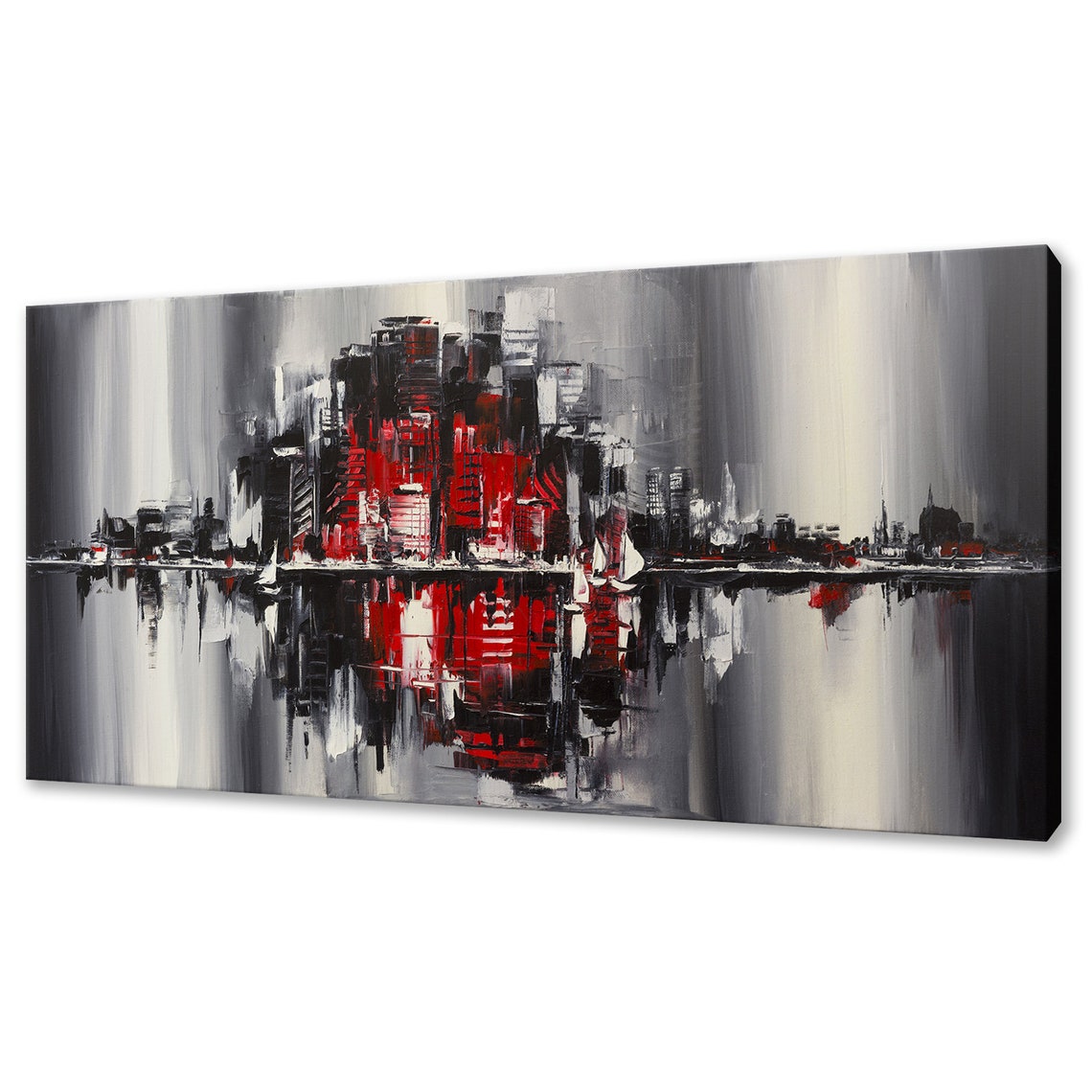 Red Black Abstract City Skyline Painting Water Reflection Wall Art
