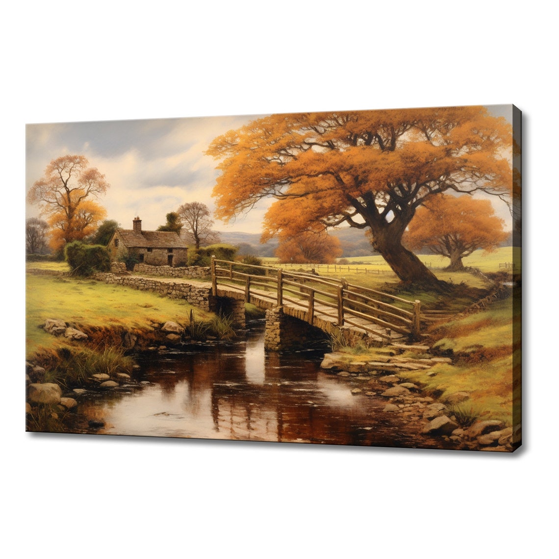 Stone Cottage Wooden Bridge River Golden Autumn Tree Vintage Poster