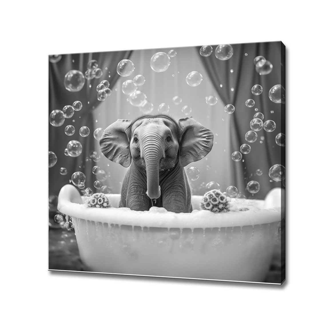 Baby Elephant Bubble Bath Black White Nursery Room Animal Poster