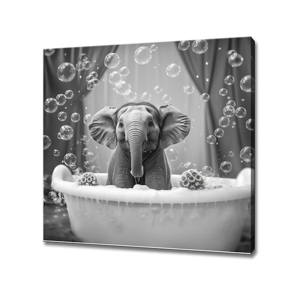 Baby Elephant Bubble Bath Black White Nursery Room Animal Poster