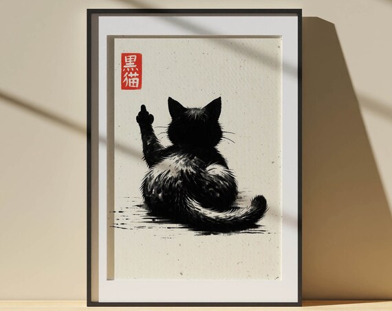 Sassy Black Cat with Raised Paw Japanese Sumi Ink Art Poster