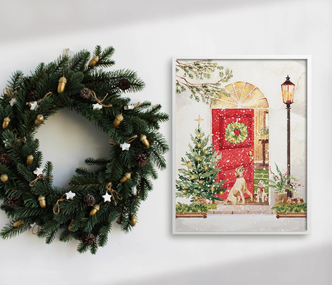 Two Dogs Waiting At Red Door Wreath Snowy Christmas Wall Art - Image 4