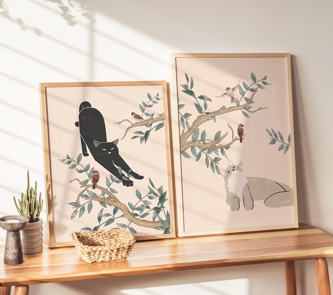Lazy Cat and Birds Botanical Cat Wall Art Print - Image 3