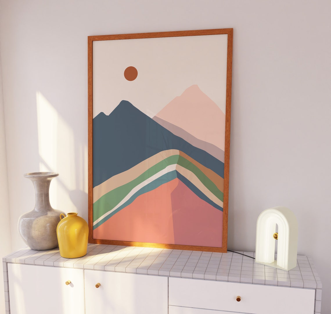 Layered Rainbow Mountain Sun Boho Abstract Landscape Art Print - Image 3