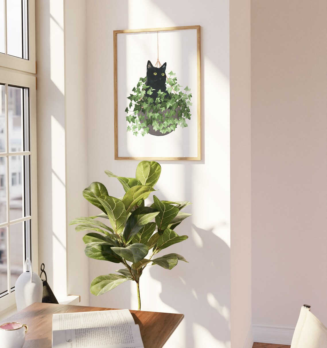 Black Cat and Plant Watercolor Cat Art Print - Image 4